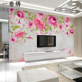 手绘现代中式大型壁画 简约粉色花卉电视背景墙纸卧室客厅壁纸