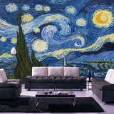 欧式油画沙发壁纸 卧室床头背景墙墙纸 艺术手绘大型壁画梵高星空