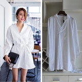 白色衬衫裙女夏 韩版v领腰带收腰中长款衬衣连衣裙OL气质性感衬衫