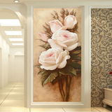 无缝3D立体玄关壁纸壁画 走廊过道墙纸壁布竖版 欧式 油画玫瑰花