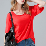 夏韩版大红白色宽松休闲 竹节棉圆领短袖T恤纯色大码女装体恤上衣
