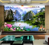 中式3d立体电视背景墙壁纸墙纸客厅迎客松山水风景画壁画影视墙布