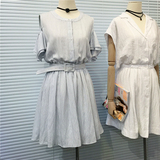 韩国单 夏季新款修身甜美显瘦条纹露肩袖连衣裙收腰蓬蓬公主短裙