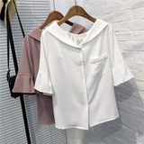 韩国东大门代购 夏季女装简约韩版气质甜美喇叭袖衬衫潮 2件包邮