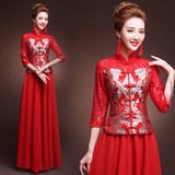 中式婚纱礼服红色新娘结婚旗袍敬酒服蕾丝长款中袖春夏装大码修身