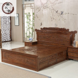 红木家具鸡翅木双人床1.8米明清仿古新中式古典组合卧室高箱大床