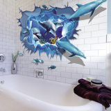 3D立体视觉墙贴 蓝色海豚群贴画卧室卫生间客厅沙发电视背景贴纸