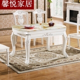 欧式伸缩餐桌椅组合大理石圆桌实木雕花折叠白色餐台法式田园饭桌