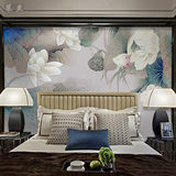 3D古典中式荷花酒店客厅电视沙发卧室背景墙无缝丝绸墙纸壁画壁纸
