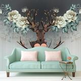 北欧宜家手绘花卉麋鹿无纺布墙纸欧式复古个性客厅沙发3d大型壁画
