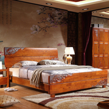 实木床 白蜡木1.8米全实木床高箱储物床 雕花双人床现代中式家具