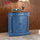 欧美式复古高档家具蓝色做旧款玄关柜一斗两门储物柜装饰餐边柜子