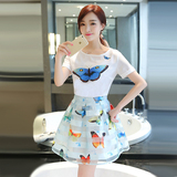 时尚套装2016夏季新款女装韩版两件套雪纺连衣裙修身显瘦印花短裙
