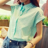 衬衫女2016新款夏装学生韩版亚麻短袖修身格子宽松衬衣上衣bf风夏