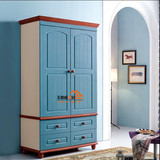 全实木蓝色双开门衣柜 美式精品卧室立柜 客厅储物柜子  特价