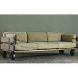 LOFT美式复古沙发椅铁艺实木懒人三人沙发床带轮做旧软皮沙发组合