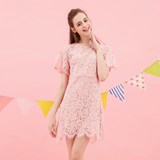 2016夏装新款甜美纯粉色a字显瘦中长款韩版短袖镂空蕾丝连衣裙女