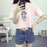 韩版夏装小性感短款漏肚脐高腰上衣 短袖t恤女宽松百搭女生衣服