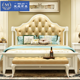 米兰家具 美式全实木床欧式橡木白色双人床卧室乡村家具真皮婚床