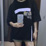 2016韩版夏季女装新款百搭卡通印花短袖中长款下摆开叉宽松T恤潮