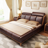 北欧皮艺床美式床1.5/1.8米双人床婚床可储物床软床真皮床 家具