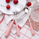 创意可爱韩式不锈钢陶瓷长柄勺子叉子套装成人叉勺餐具便携学生