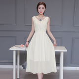 连衣裙女2016夏季韩版新款修身显瘦无袖雪纺长裙纯色褶皱裙子包邮