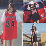 韩国bf原宿风篮球服宽松短袖t恤女学生字母棒球衣连衣裙潮中长款