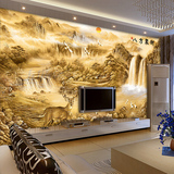金色山水墨中式电视墙八方聚财壁纸壁画卧室客厅装饰画墙纸画
