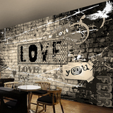 3d个性字母壁画黑白砖创意涂鸦ktv酒吧壁纸台球室纹身店复古墙纸