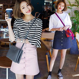 半身裙夏季新款韩版裙子学院风粉色A字裙高腰显瘦单排扣包臀短裙