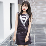 韩国代购女装2016夏季新款修身显瘦直筒A型时尚印花无袖A字连衣裙