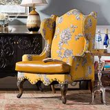 欧式复古老虎椅单人沙发椅客厅卧室样板房黄色布艺椅休闲椅形象椅