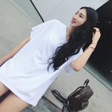 2016夏季韩版宽松大码中长款打底衫V领后背镂空圆领白色T恤上衣女