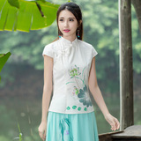 夏季汉服女古装改良棉麻中国风民族风女装套装唐装上衣短袖茶人服