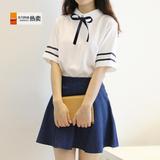 夏季韩版大码女装水手服两件套学院风牛仔短裙学生JK制服校服套装