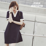 maje香港专柜正品代购 2016夏新款宽松茧型短袖女士褶皱V领连衣裙