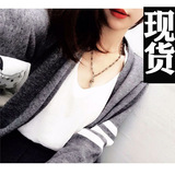 【钱夫人】CHINSTUDIO定制 秋季百搭条纹长袖灰色针织衫女开衫