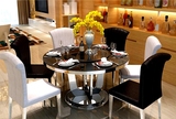 现代简约不锈钢餐桌椅组合 大理石桌子黑色钢化玻璃圆形餐台