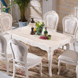 欧式大理石餐桌椅组合实木餐桌长方形橡木雕花描银象牙白6人饭桌