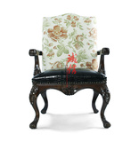 美式乡村实木花布单人沙发椅 简约欧式雕花皮布结合休闲椅 定做