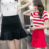 2016年新款韩版时尚潮流高腰包臀裙百搭修身显瘦荷叶边大码半身裙