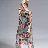 品牌女装2016夏季花色方领七分袖连衣裙新款时尚波西米亚真丝长裙