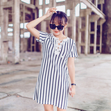2016韩版夏季新款黑白条纹中长款连衣裙圆领短袖竖条纹宽松连衣裙