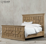法式复古做旧实木双人床 1.8米高背婚床 美式乡村实木铆钉仿古床