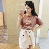 夏季新款时尚套装女韩版字母T恤蝴蝶结A字开叉包臀裙短裙两件套