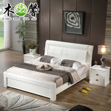 实木床 现代简约中式白色床 高箱储物床1.5米1.8米双人床婚床特价