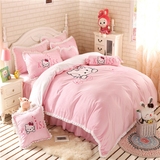 韩版KT猫粉色珊瑚绒三四件套床上用品天鹅绒保法莱绒保暖床裙公主