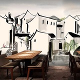 定制中式餐厅茶馆背景墙纸手绘江南风景个性大型壁画客厅卧室壁纸