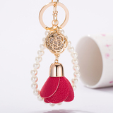 韩国创意礼品珍珠皮革花朵挂饰汽车钥匙扣女士包包挂件钥匙链饰品